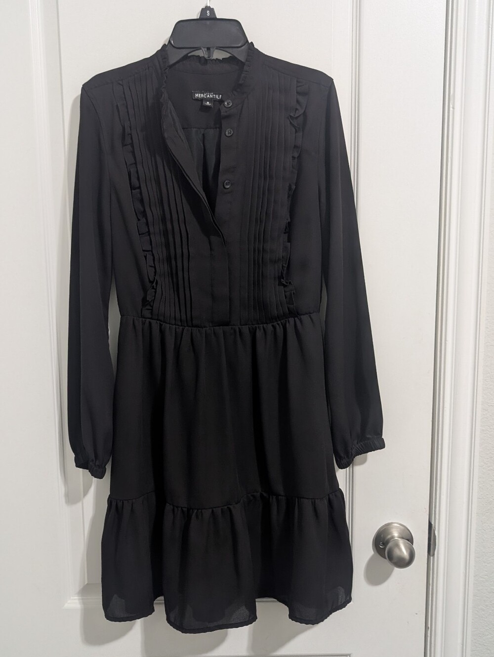 J. Crew Black Pintuck Ruffle Long-Sleeve Dress